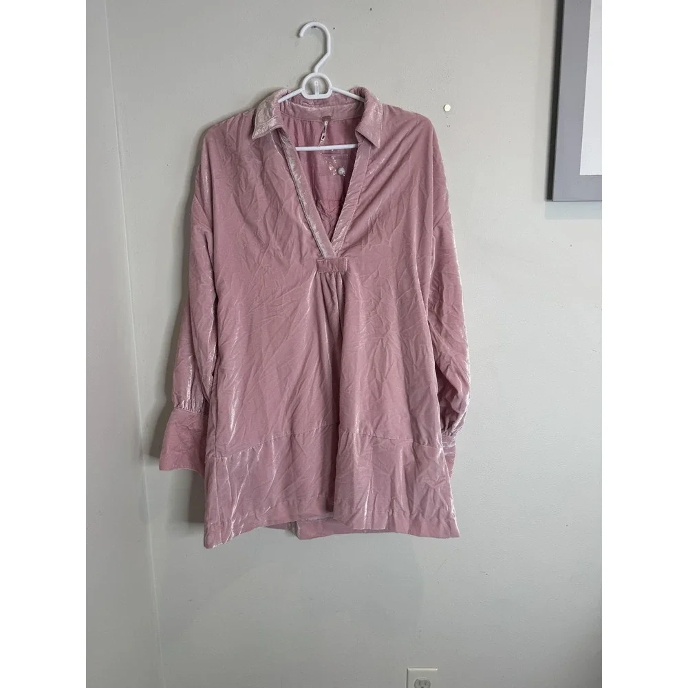 Free People Tunic Shirt Womens XS‎ Pink Velvet Collared Long Sleeve Pockets Boho